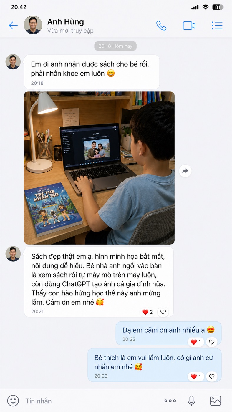 Feedback anh Hùng — bé ngồi vào bàn là xem sách rồi tự mày mò, dùng ChatGPT tạo ảnh cả gia đình