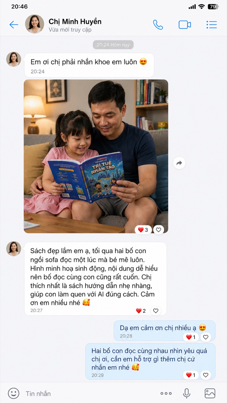 Feedback chị Minh Huyền — hai bố con ngồi sofa đọc cùng, bé mê luôn